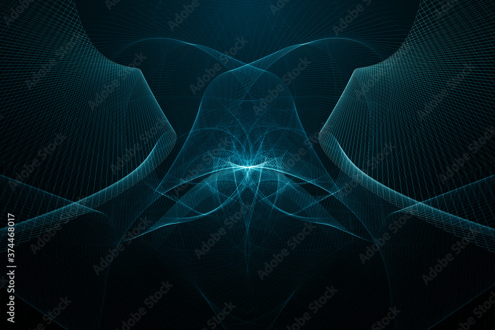 Poster symmetrical abstract compositions of wavy wire mesh for futuristic or technology presentation cover 