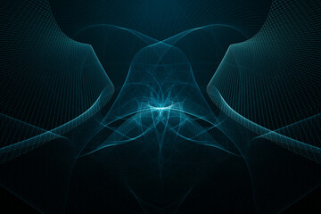 Symmetrical abstract compositions of wavy wire mesh for futuristic or technology presentation cover or background.