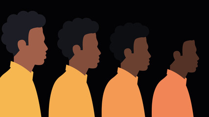 The faces of black men in profile. Black citizens are fighting for equality. Social problems of racism. Vecatorial illustration
