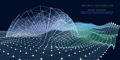 Dynamic abstract wavy colorful grid with spherical element on dark background. Wireframe color surface polygonal concept. Futuristic vector banner with dots and lines combination.