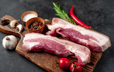 raw pork breast with spices on a cutting board on a stone background