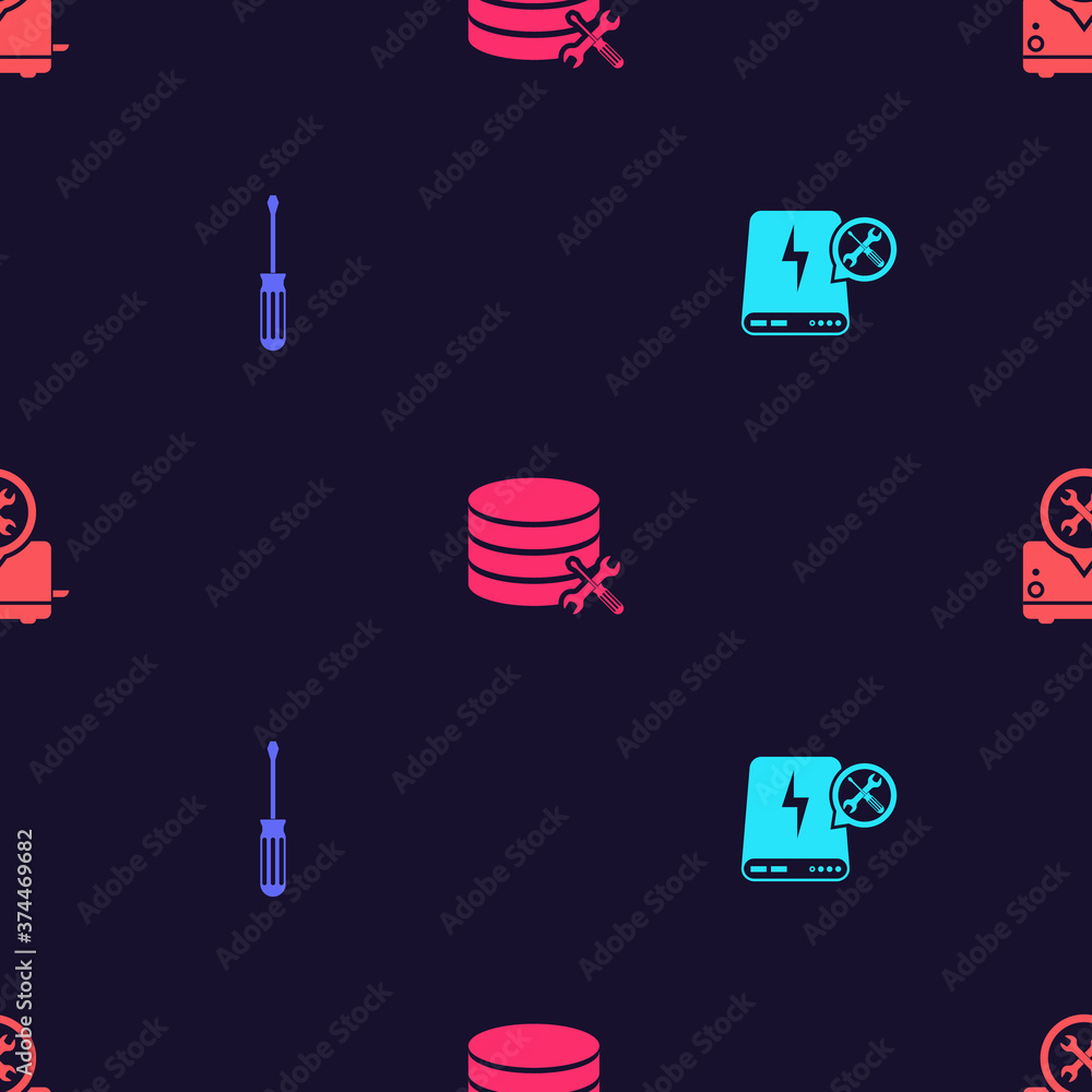 Poster set power bank service, screwdriver, database server and toaster on seamless pattern. vector.