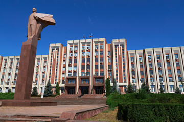 Tiraspol, Transnistria, Moldova - August 25, 2020: downtown, government building and presidential Palace, monument to Lenin