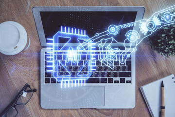 Double exposure of computer and technology theme drawing. Concept of innovation.