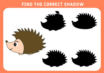 Find the correct shadow, education game for children.  little hedgehog. game for kids. Preschool worksheet. Vector illustration.