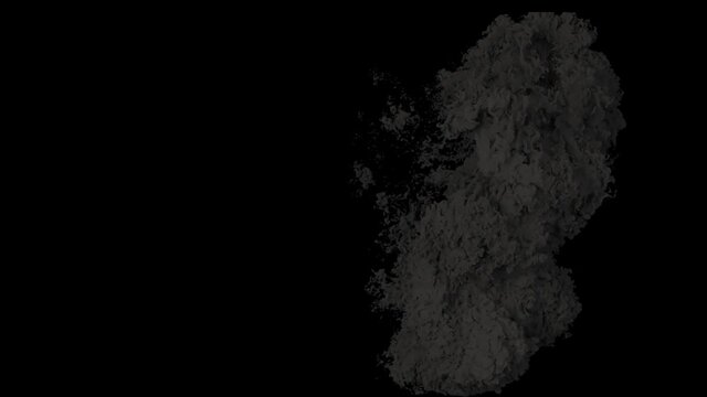 The explosion of the fuel with a thick black billowing smoke. An explosion with black smoke on an isolated background with an alpha channel, a bomb explosion and real smoke.