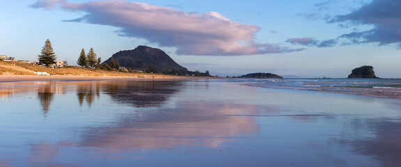 Mount Maunganui beach panorama with reflection, Tauranga, New Zealand