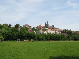 Mittelalterliche Stadt Fritzlar in Hessen - Ederniederung mit Blick auf Stadtmauer mit Türmen