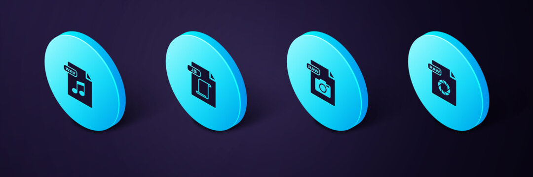 Set Isometric RAW file document, , JS and WAV icon. Vector.