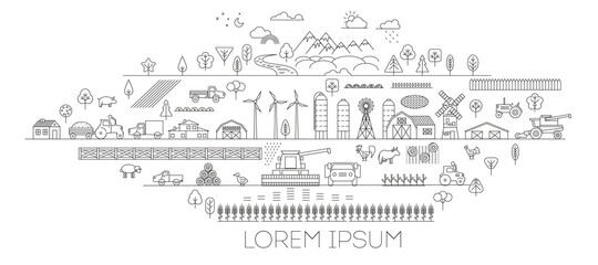 Green farm. Fields, vegetable gardens, hangars, buildings, barns, agricultural machinery. Eco farm. 