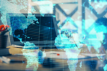 Multi exposure of business theme icons and table with computer background. Concept of success.