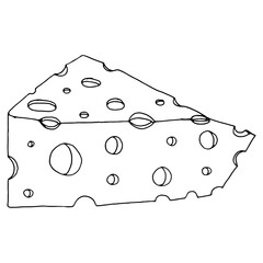 Cheese with holes icon. Vector illustration of cheese with big holes. Hand drawn cartoon piece of cheese.