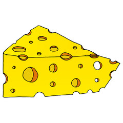 Cheese with holes icon. Vector illustration of cheese with big holes. Hand drawn cartoon piece of cheese.