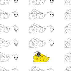 Seamless pattern with a cartoon mouse with a piece of cheese. Vector illustration of a seamless background of cheese and a mouse. Hand drawn cartoon mouse with cheese and holes.