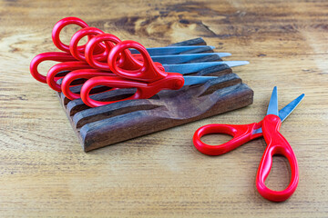 Scissors with red handle Put in the scissors container.