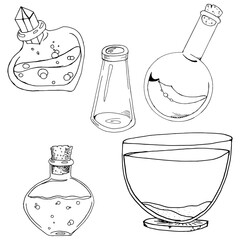 Set of glass jars. Vector illustration of a set of different cans. Hand drawn glass jars, vial, container.