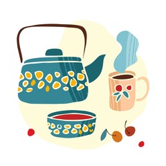 Decorative set of household utensils drawn in a flat style isolated on a white background. Elements for kitchen, dining room decor in a modern Scandinavian style. Hygge lifestye. Vector illustration.