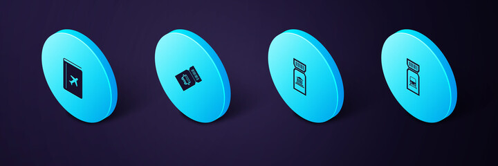 Set Isometric Train ticket, Museum, Bus and Cover book travel guide icon. Vector.