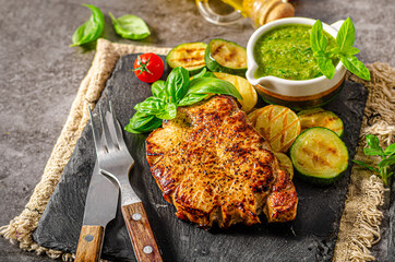 Delicious pork steak with herbs sauce