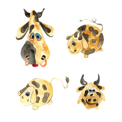 Obraz premium Year of the bull cow watercolor set dog animal isolated object on white background. For party design, print on fabric and paper