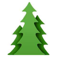 Obraz premium Green Christmas tree on a white background. New Years tree with heralds, striped christmas pine. Design elements for holiday cards. 3d illustration