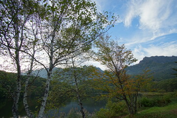 Fototapeta na wymiar beautiful landscape view of mountain, lake, and trees