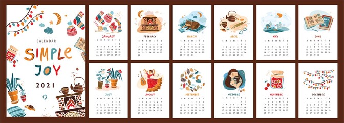 Wall vertical calendar for 2021, the week starts on Sunday. Template A4 format calendar set of month in the Scandinavian hand drawn flat style about the simple joys of life. Vector illustration.