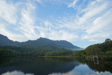 beautiful landscape view of mountain, lake, and trees