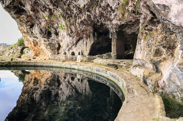 Grotta Di Sperlonga - A huge cave with the remains of a pool and a fountain from the grotto offers a magnificent view of the village of Sperlonga,Italy