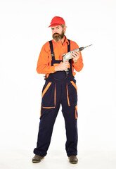 Naklejka premium Safety measures. Powerful drill. Buy drill. Toolbox tips drilling and fixing. Man in cap with drills white background. Professional builder repairman makes hole. Drilling concept. Perforator and bit