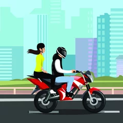 Foto op Plexiglas Couple riding motorcycle in the middle of city © lioputra