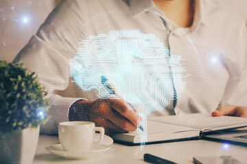 Brain multi exposure icon with man hands background.