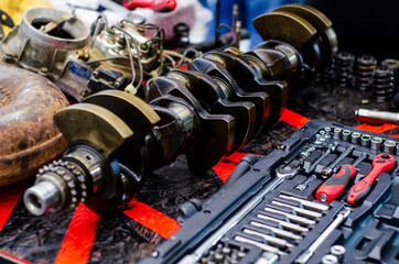 Disassemble engine block vehicle. Motor capital repair.