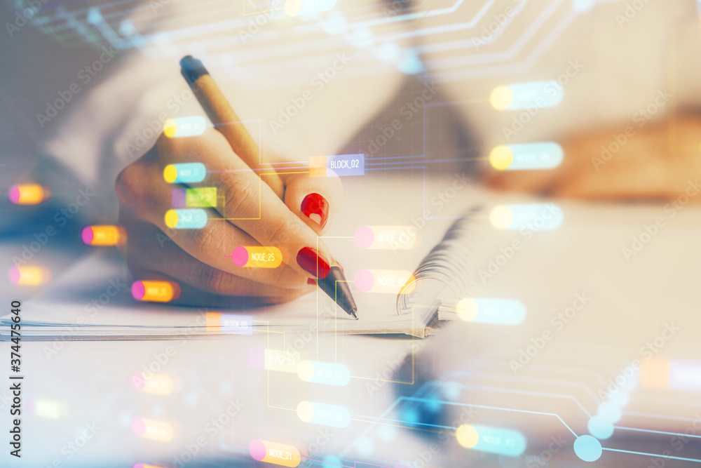 Poster multi exposure of woman's writing hand on background with data technology hologram. concept of innov