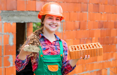 Assistant. Kid build construction. engineer teen is construction worker. Professional craftsman or...