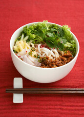 Asam Laksa (Noddle in Tangy Fish Gravy) is a Special Malaysian Food Popular in Penang