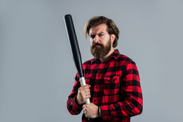 man with baseball bat. i am a criminal. aggression and anger. brutal male hipster ready to fight. mature man in checkered shirt. success at any cost. outdoor sport activity