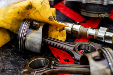 Disassemble engine block vehicle. Motor capital repair.