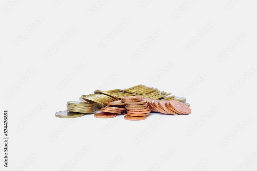 Wall mural money saving, financial growth concept. stacked of coins in white background.