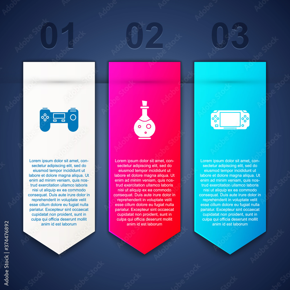 Aufkleber set gamepad, bottle with magic elixir and portable video game console. business infographic template