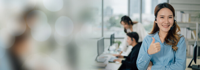 Business online call center operator with laptop computer panorama and banner design.