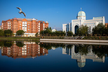 View of Jewish synagogue "Beit Rachel" and Akbulak river in Nur-Sultan, the capital of Kazakhstan.