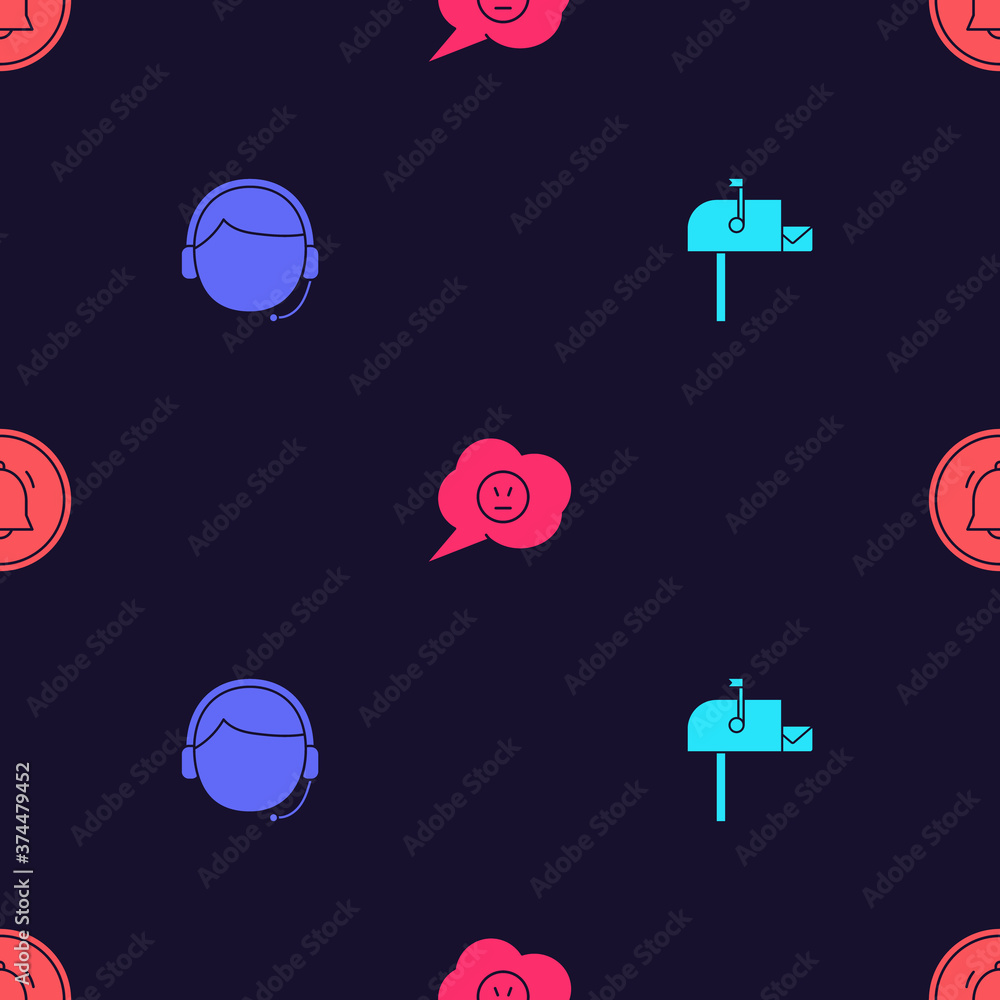 Poster Set Open mail box, Man with headset, Speech bubble angry smile and Button chat notification on seamless pattern. Vector.