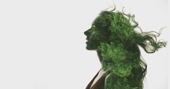 Art portrait. Nature harmony. Double exposure profile silhouette of peaceful woman with green forest foliage motion in flying hair isolated on white copy space background. Freedom tranquility.