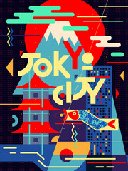 Tokyo City. Abstract flat illustration with elements of japanese culture and city landmark