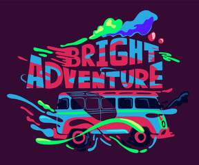 A bright adventure. Hand-drawn psychedelic illustration with hippie bus. T-shirt printing