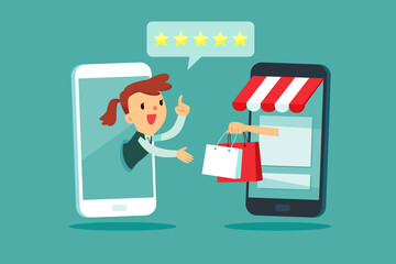 businesswoman on smartphone screen give five star rating to online shopping store