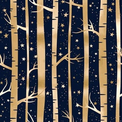 Vector seamless pattern with gold forest and stars. Night landscape with birches, trees and starry sky on blue background