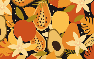 Kleurrijke bloemen, bladeren en fruit poster achtergrond vectorillustratie. Exotische planten, takken, bloemen en bladeren art print voor beauty en natuurlijke producten, spa en wellness, stof en mode