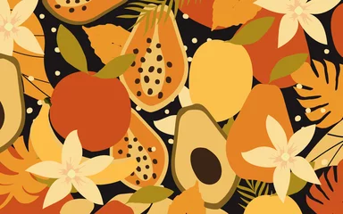 Foto auf Acrylglas Orange Bunte Blumen, Blätter und Früchte Poster Hintergrund Vektor Illustration. Exotische Pflanzen, Zweige, Blumen und Blätter als Kunstdruck für Schönheits- und Naturprodukte, Spa und Wellness, Stoffe und Mode
